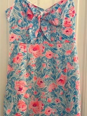 Lilly Pulitzer Skort Romper Dress Size 6 Blue Pink Floral Bow Front Smocked Back
